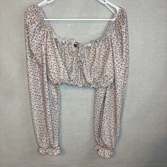 Primark‎ Pink Floral Crop Top Medium Off Shoulder Long Sleeve Fairy Boho Peasant - Picture 1 of 8
